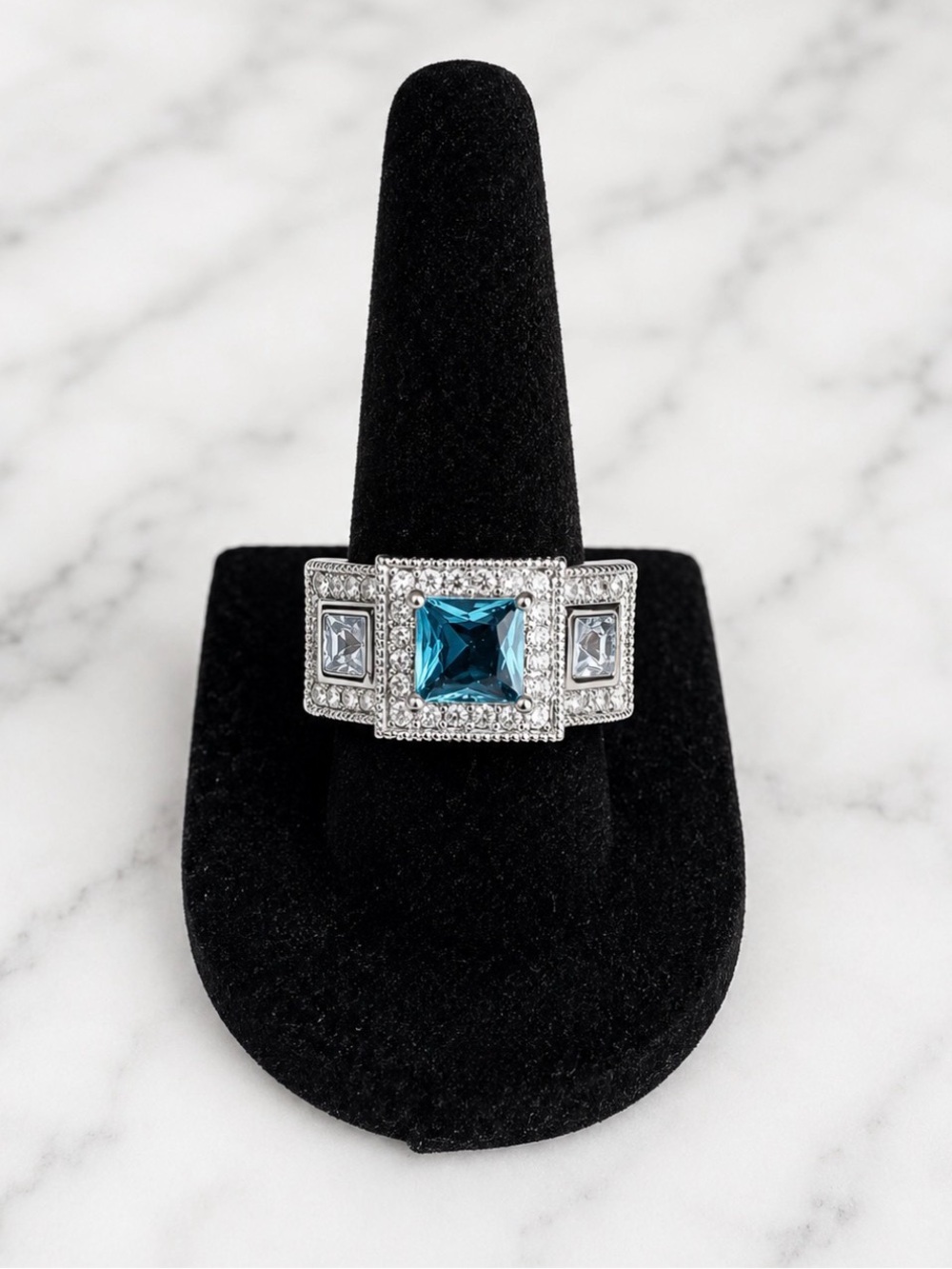 Silver Tone Fashion Ring with Blue Square Stone and Clear Accents size 7.5